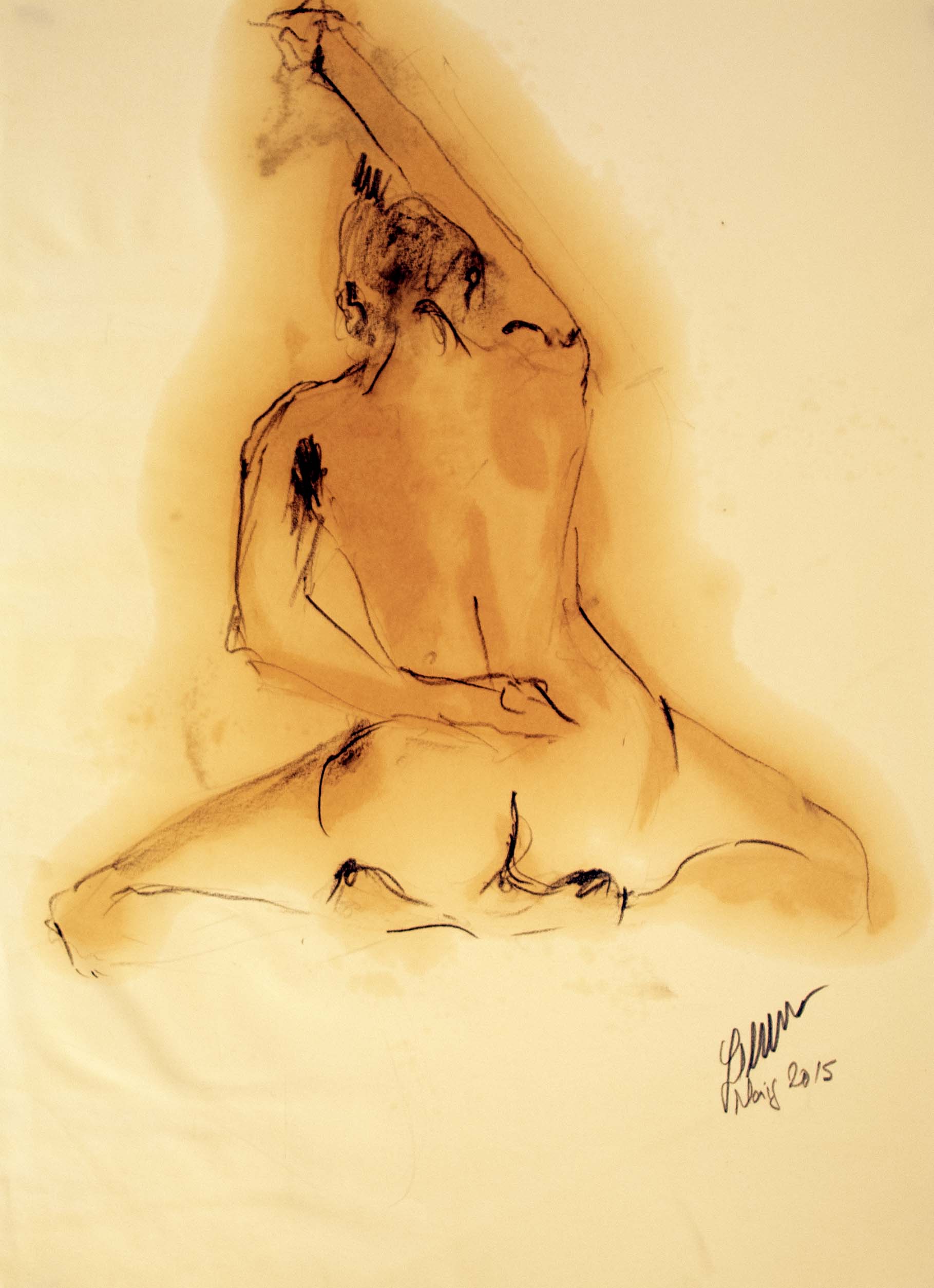 Dona semiasseguda d'esquenes — Grafit i oli de llinosa sobre paper